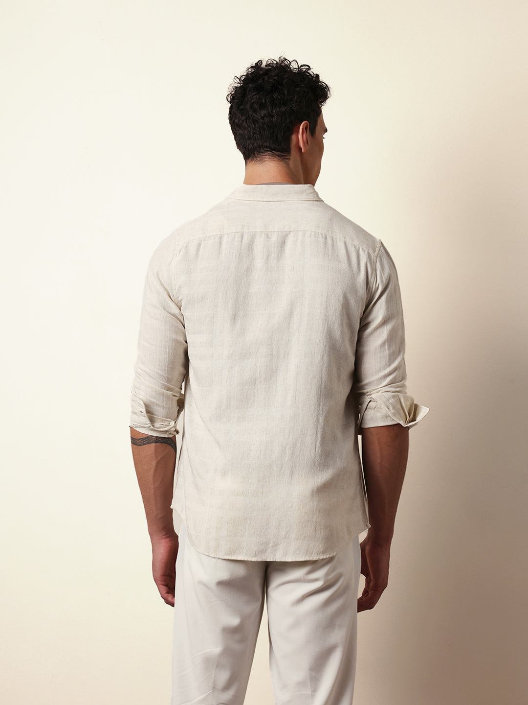 cream woven checks slim fit casual shirt cream woven checks slim fit casual shirt