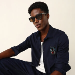 navy blue tailored fit wolf motif embroidered formal party wear shirt