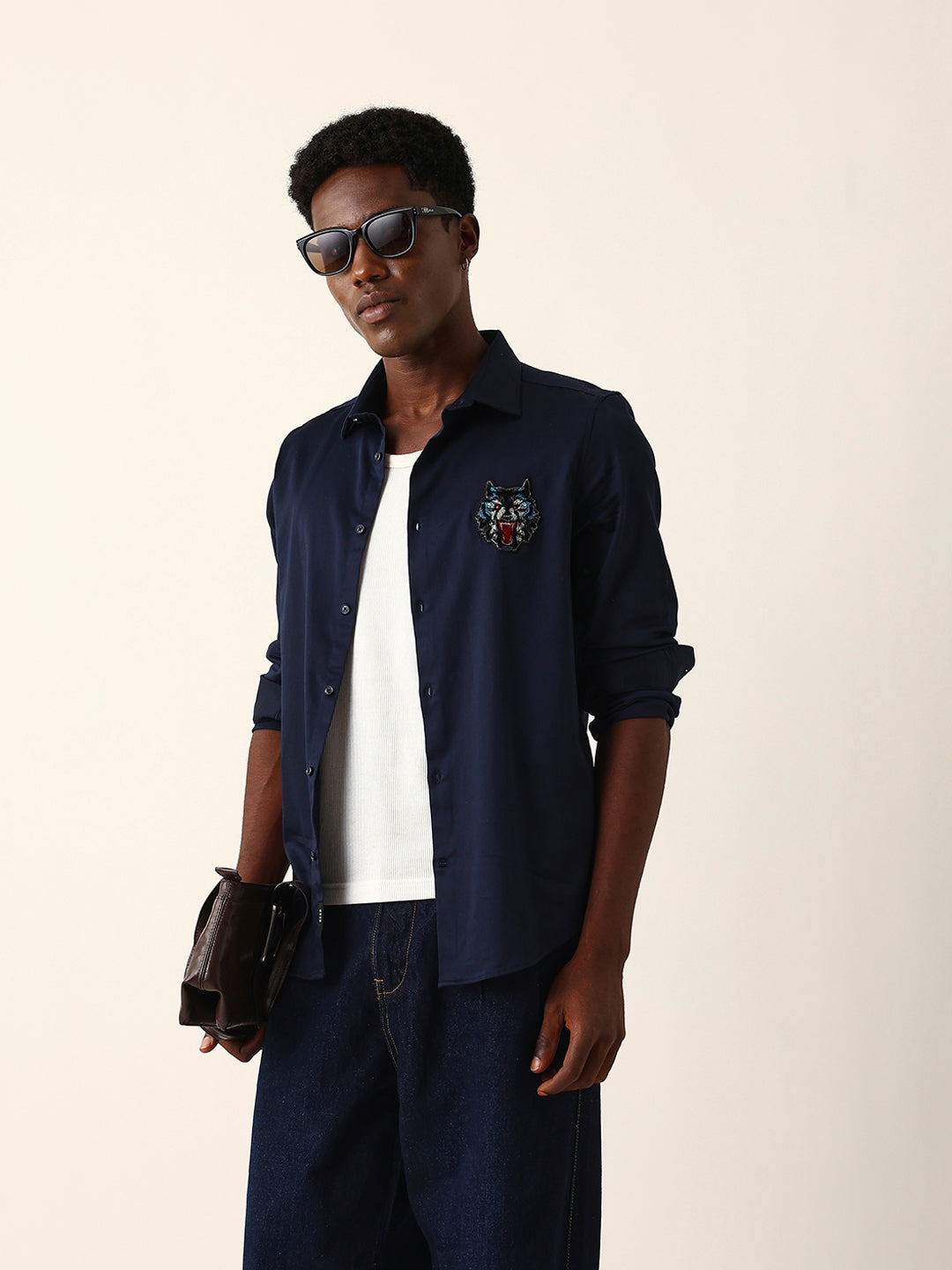 navy blue tailored fit wolf motif embroidered formal party wear shirt navy blue tailored fit wolf motif embroidered formal party wear shirt