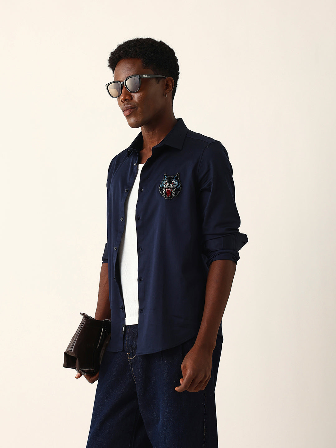 navy blue tailored fit wolf motif embroidered formal party wear shirt navy blue tailored fit wolf motif embroidered formal party wear shirt