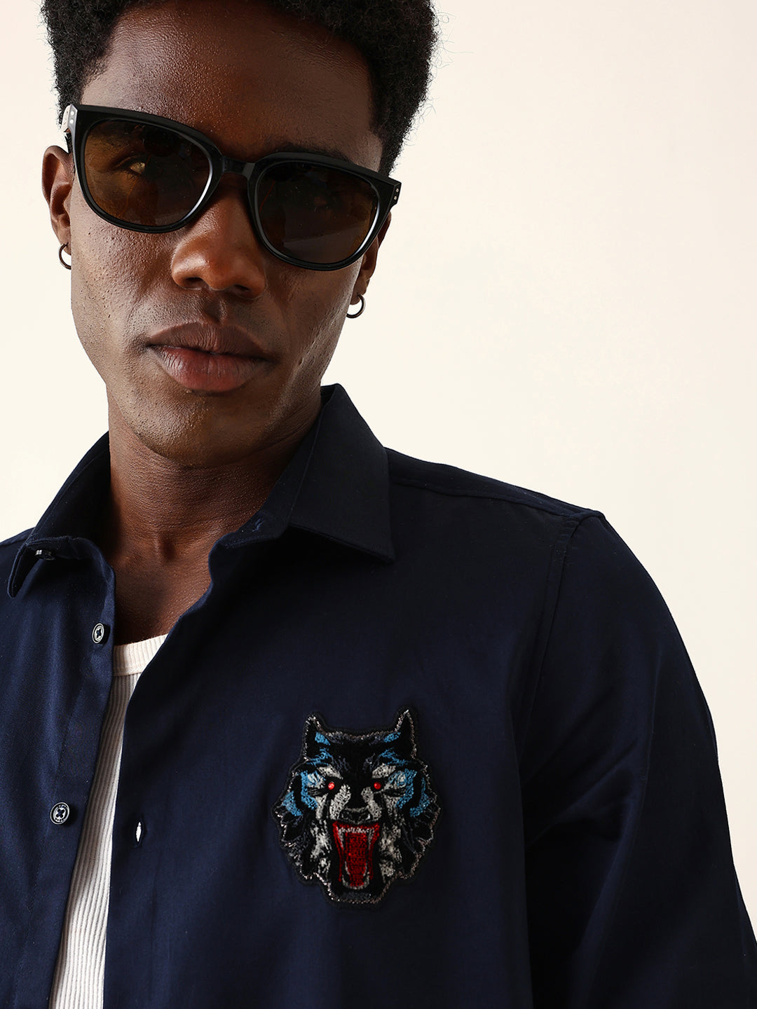 navy blue tailored fit wolf motif embroidered formal party wear shirt navy blue tailored fit wolf motif embroidered formal party wear shirt