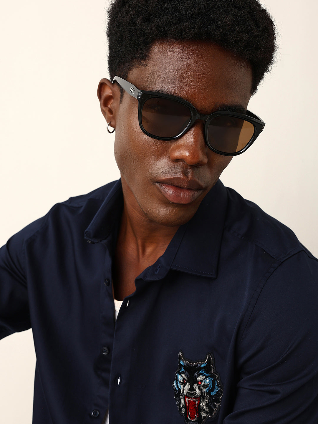 navy blue tailored fit wolf motif embroidered formal party wear shirt navy blue tailored fit wolf motif embroidered formal party wear shirt