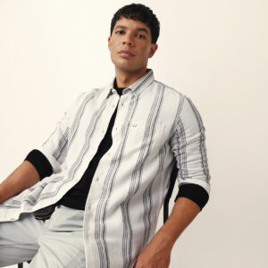 white vertical woven stripe slim fit casual shirt