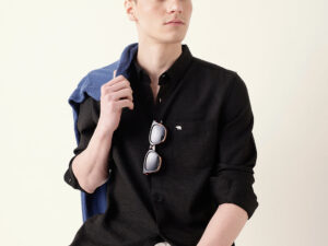 black slim fit casual shirt with woven textured design