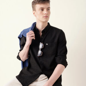 black slim fit casual shirt with woven textured design