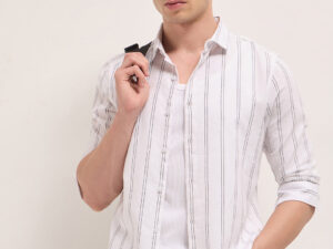 white vertical woven stripe slim fit casual shirt