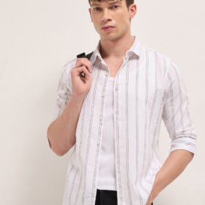 white vertical woven stripe slim fit casual shirt