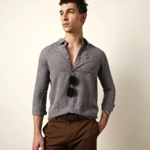 grey textured woven striped slim fit casual shirt