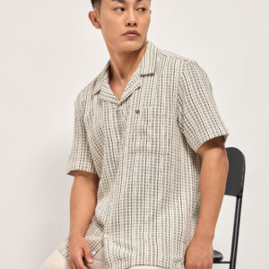 cream textured striped regular fit casual shirt with a cuban collar