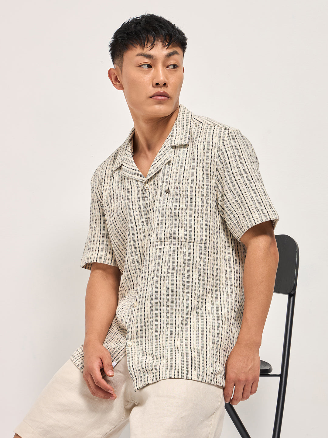 cream textured striped regular fit casual shirt with a cuban collar cream textured striped regular fit casual shirt with a cuban collar