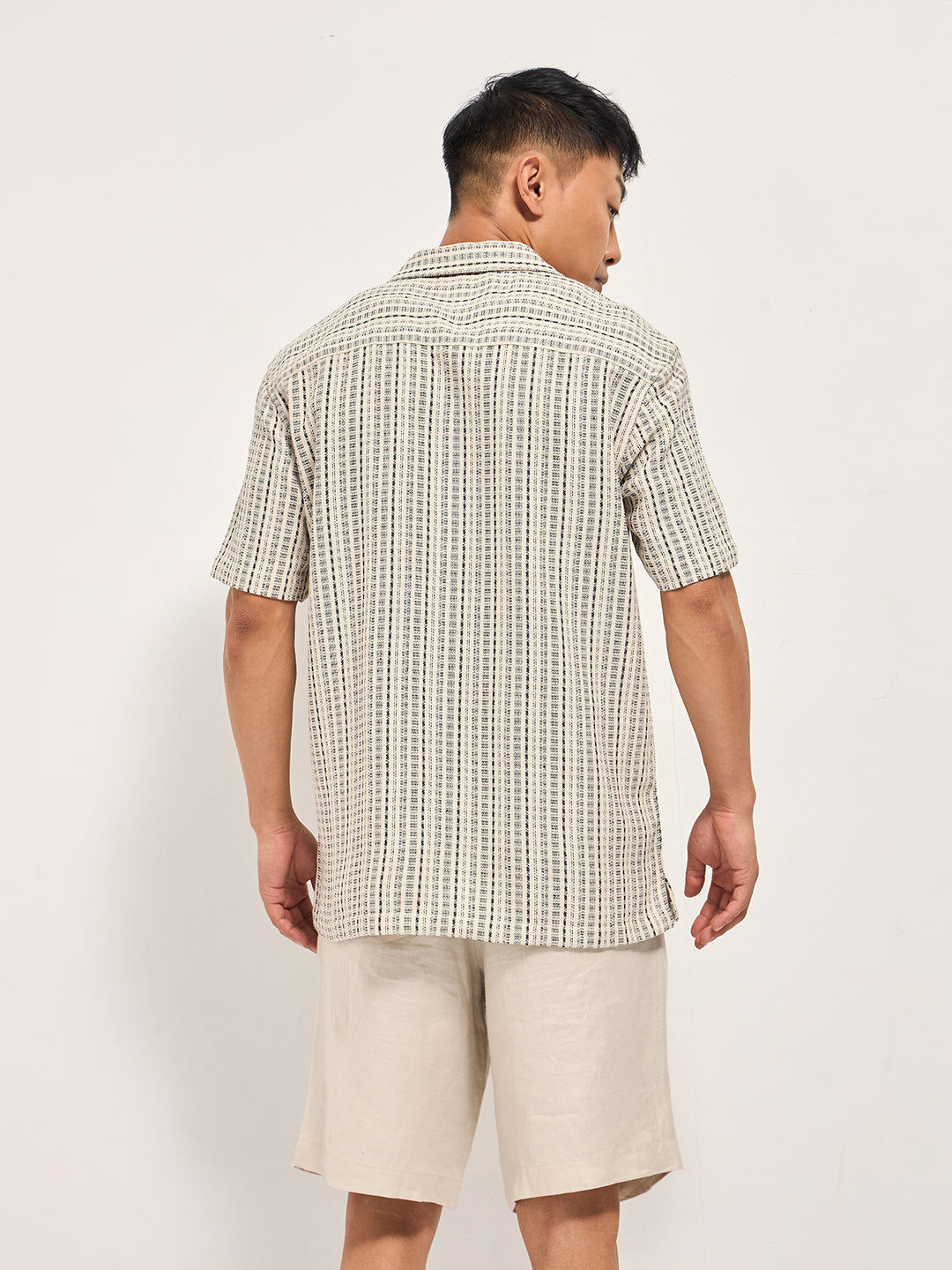 cream textured striped regular fit casual shirt with a cuban collar cream textured striped regular fit casual shirt with a cuban collar