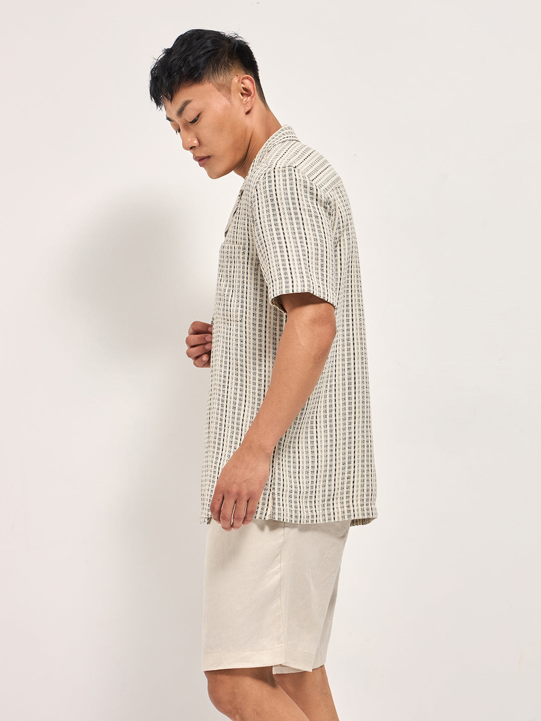 cream textured striped regular fit casual shirt with a cuban collar cream textured striped regular fit casual shirt with a cuban collar