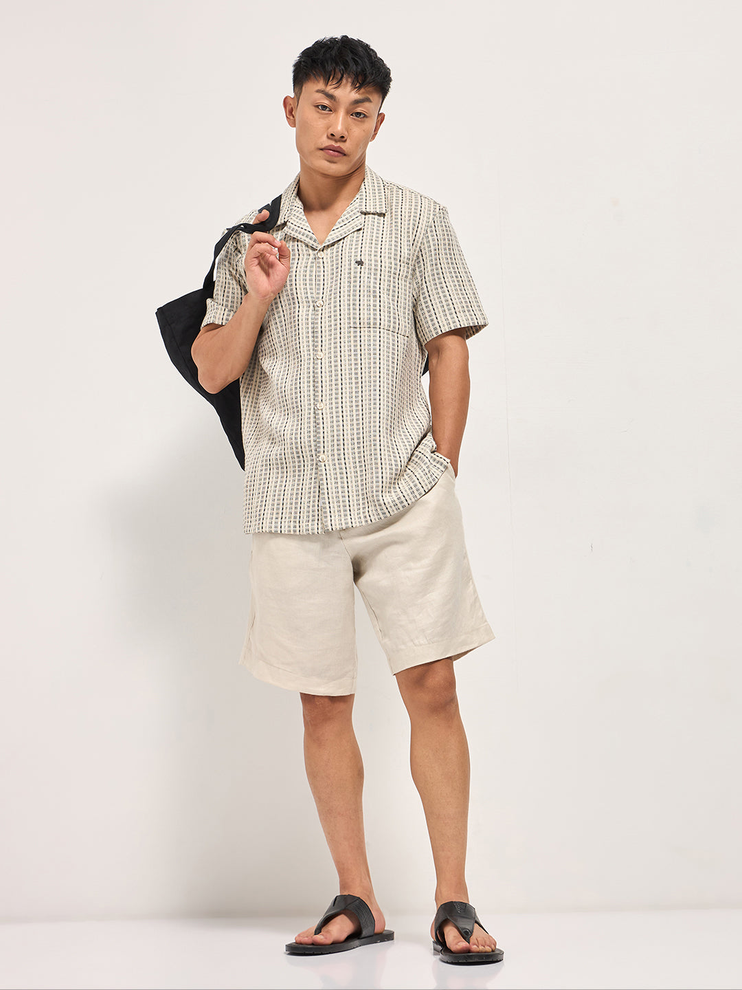 cream textured striped regular fit casual shirt with a cuban collar cream textured striped regular fit casual shirt with a cuban collar