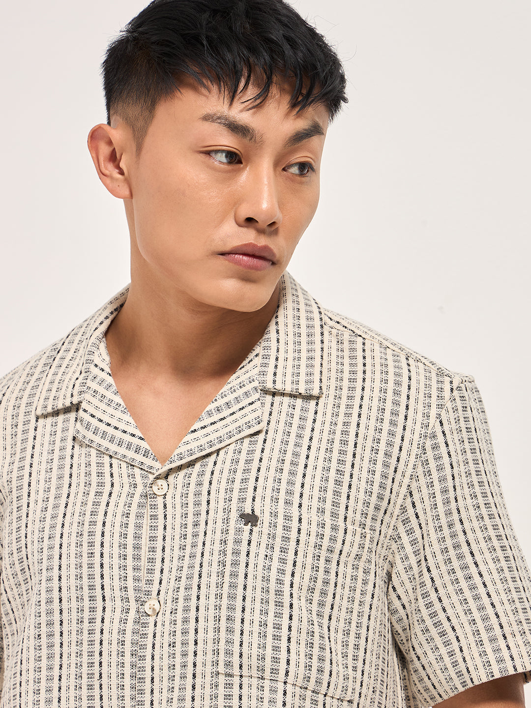 cream textured striped regular fit casual shirt with a cuban collar cream textured striped regular fit casual shirt with a cuban collar