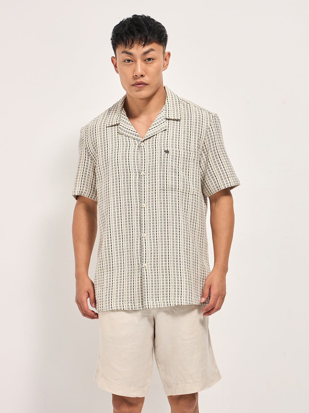 cream textured striped regular fit casual shirt with a cuban collar cream textured striped regular fit casual shirt with a cuban collar