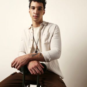 cream vertical woven stripe slim fit casual shirt