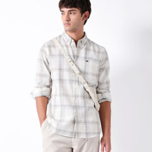 cream checked woven slim fit casual shirt