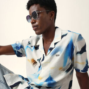 white & blue abstract watercolor printed relaxed fit short sleeve shirt