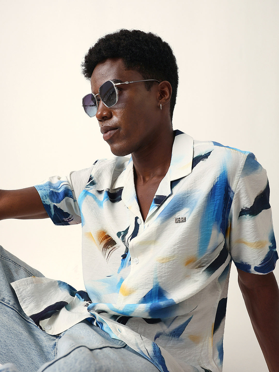 white & blue abstract watercolor printed relaxed fit short sleeve shirt white & blue abstract watercolor printed relaxed fit short sleeve shirt