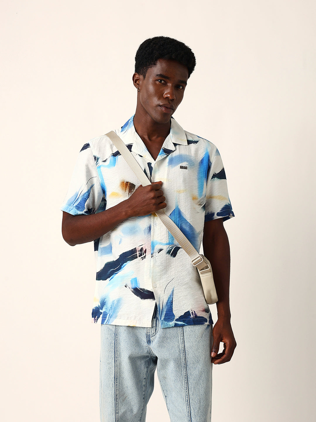 white & blue abstract watercolor printed relaxed fit short sleeve shirt white & blue abstract watercolor printed relaxed fit short sleeve shirt