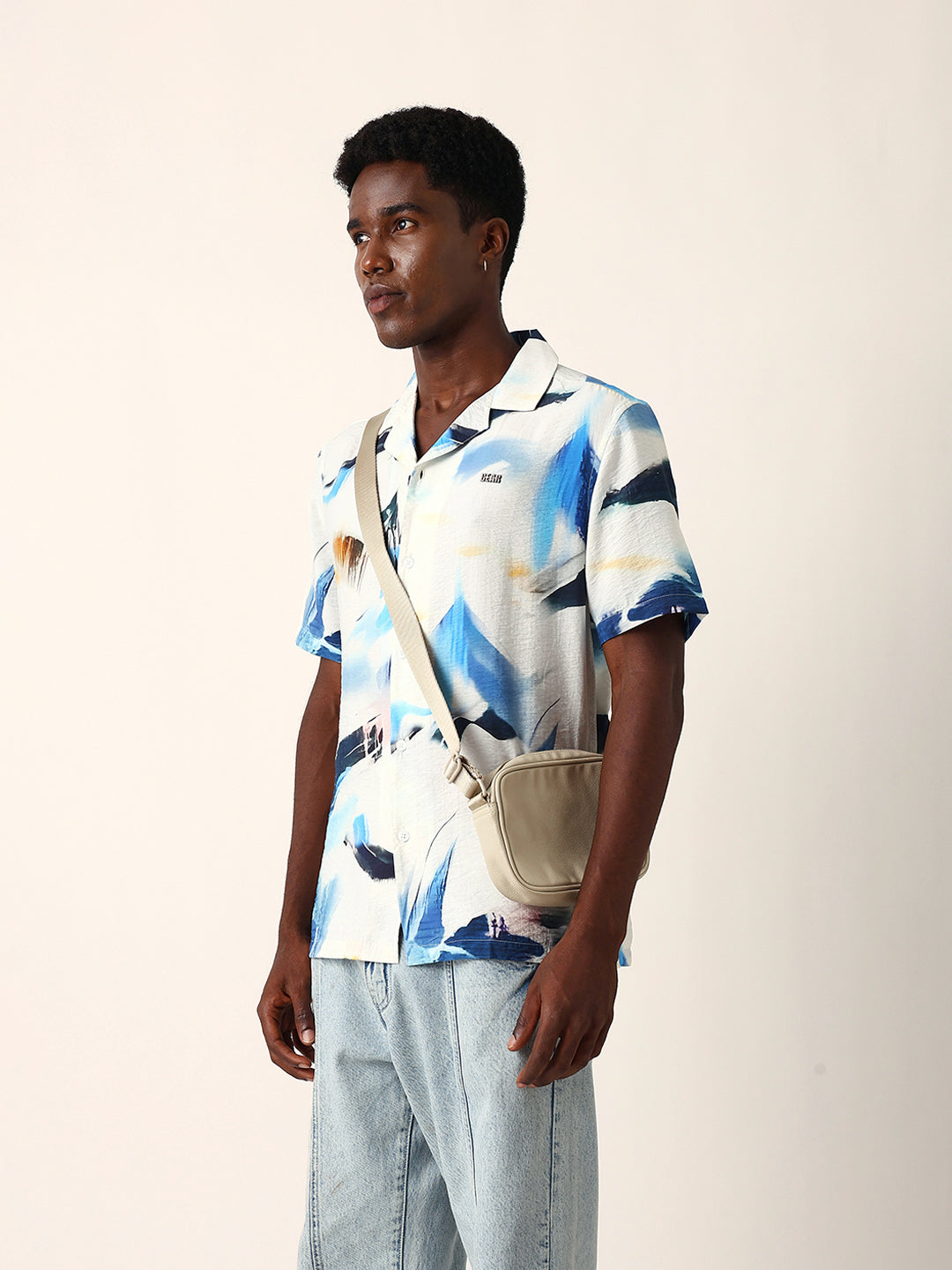 white & blue abstract watercolor printed relaxed fit short sleeve shirt white & blue abstract watercolor printed relaxed fit short sleeve shirt