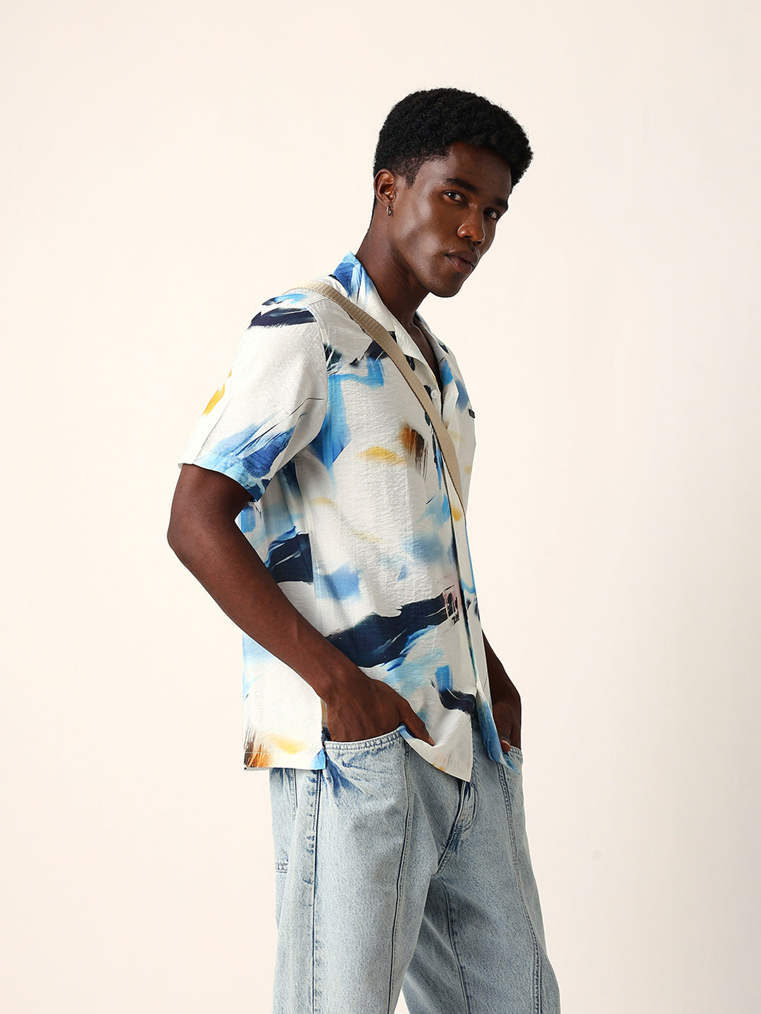 white & blue abstract watercolor printed relaxed fit short sleeve shirt white & blue abstract watercolor printed relaxed fit short sleeve shirt