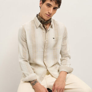 cream woven vertical stripes slim fit casual shirt