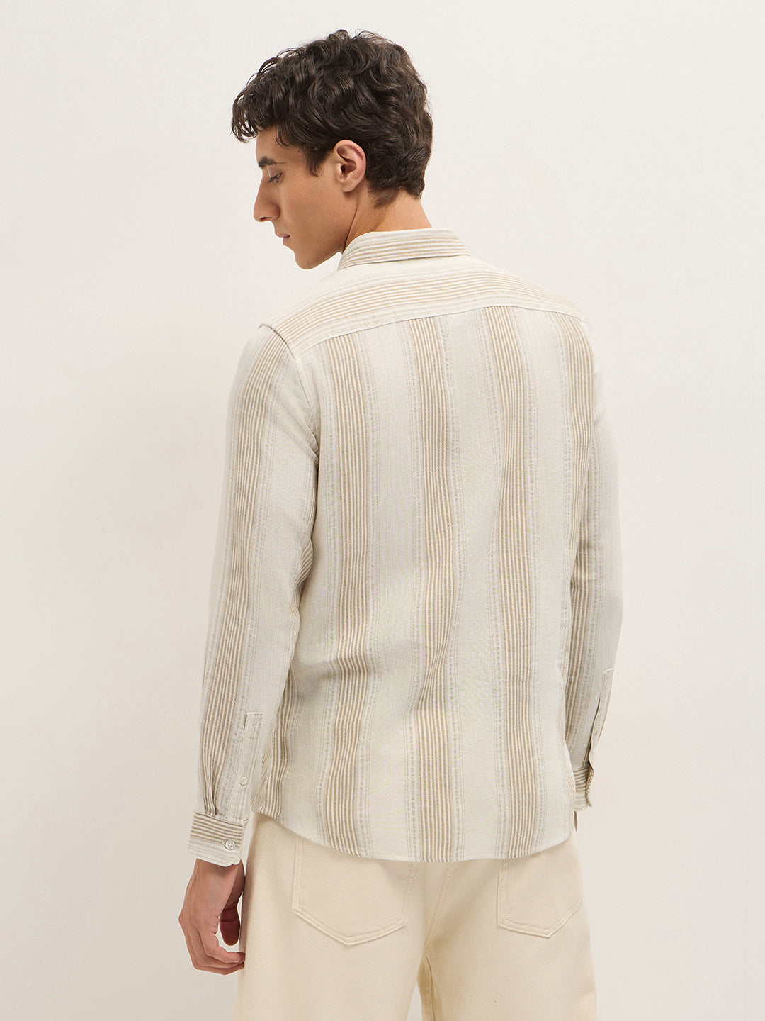 cream woven vertical stripes slim fit casual shirt cream woven vertical stripes slim fit casual shirt