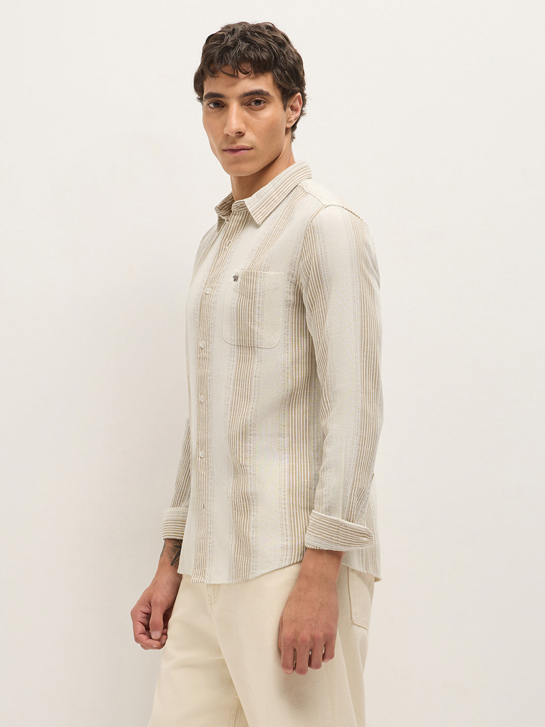 cream woven vertical stripes slim fit casual shirt cream woven vertical stripes slim fit casual shirt