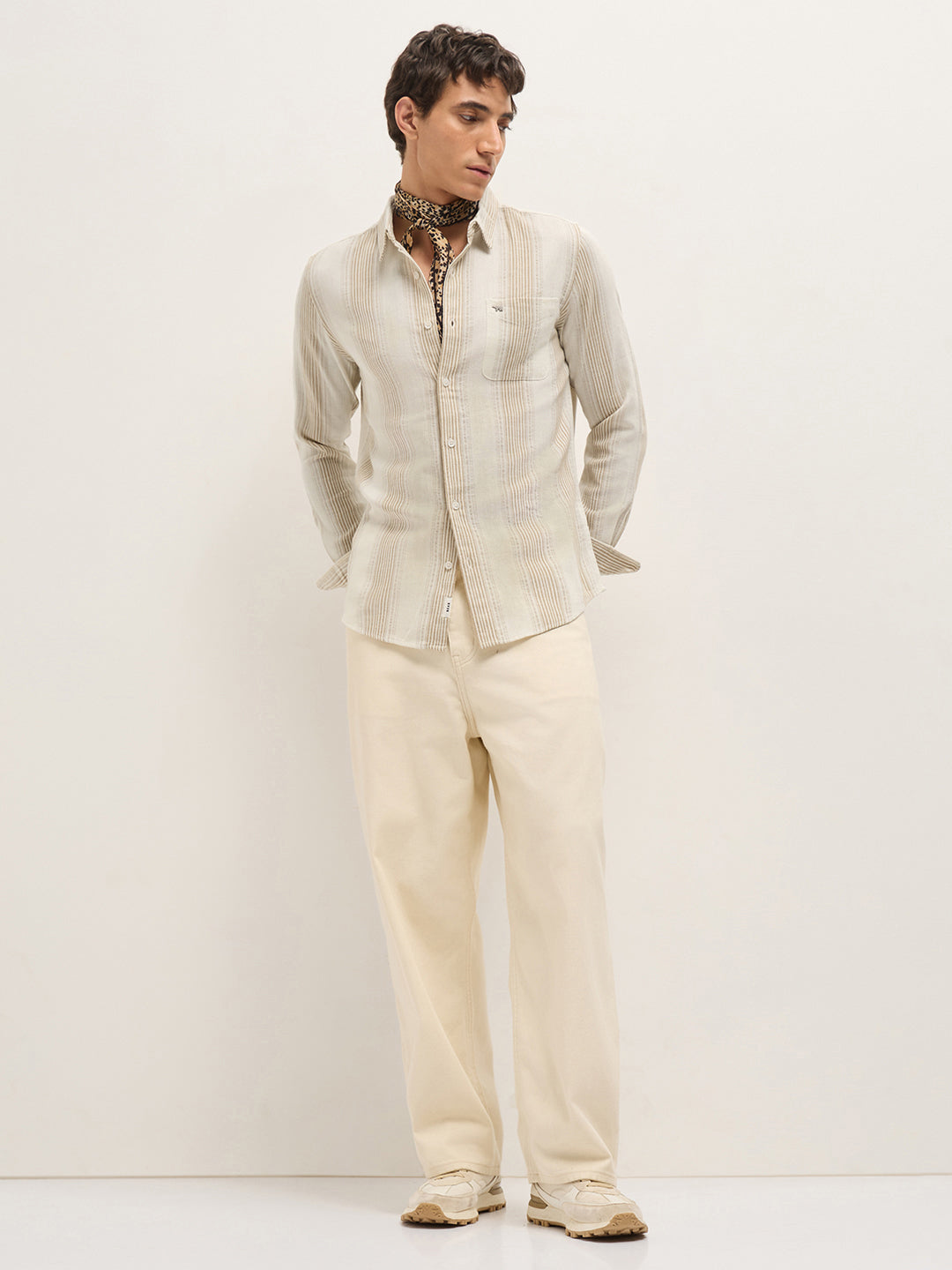 cream woven vertical stripes slim fit casual shirt cream woven vertical stripes slim fit casual shirt