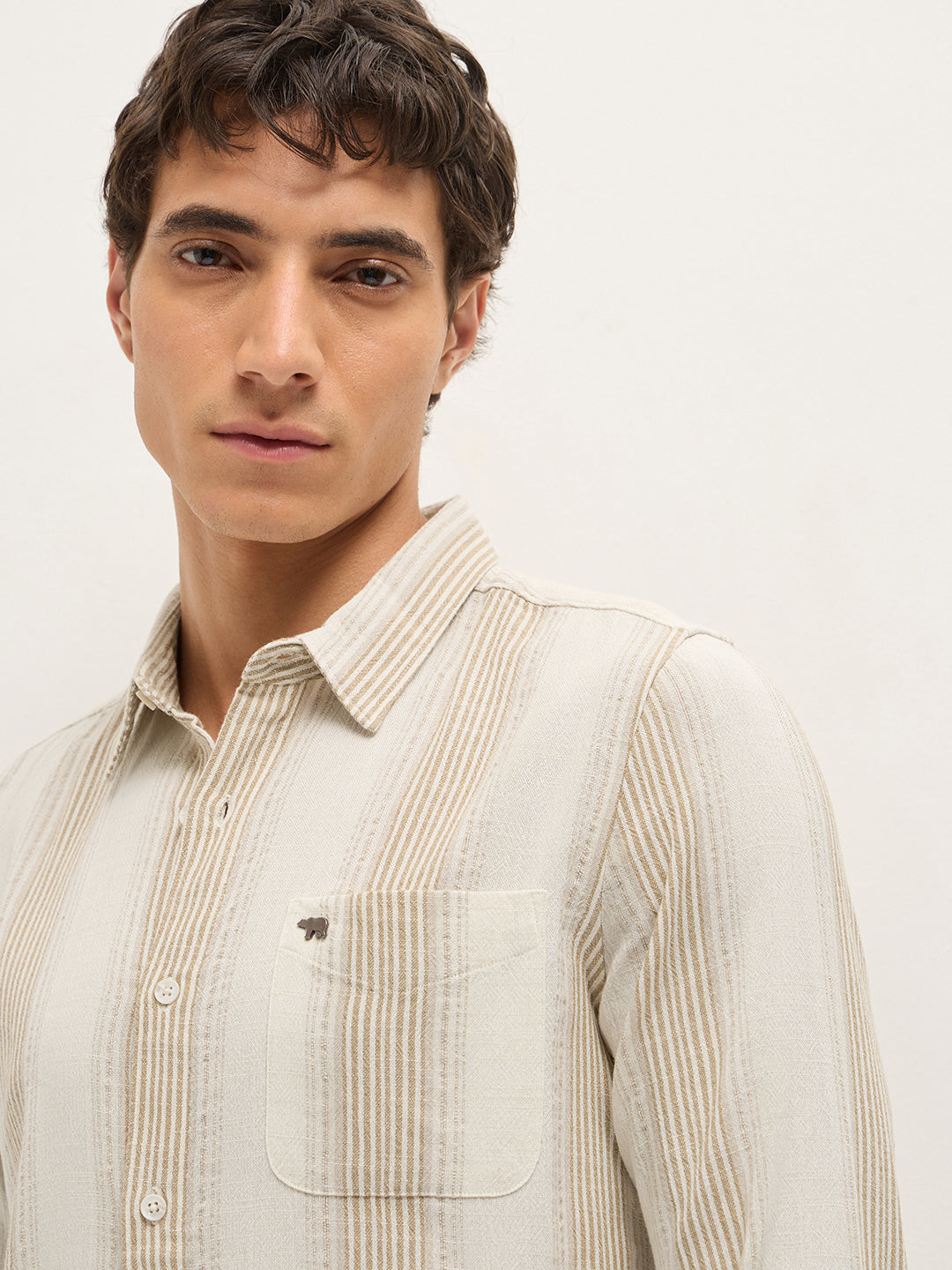 cream woven vertical stripes slim fit casual shirt cream woven vertical stripes slim fit casual shirt