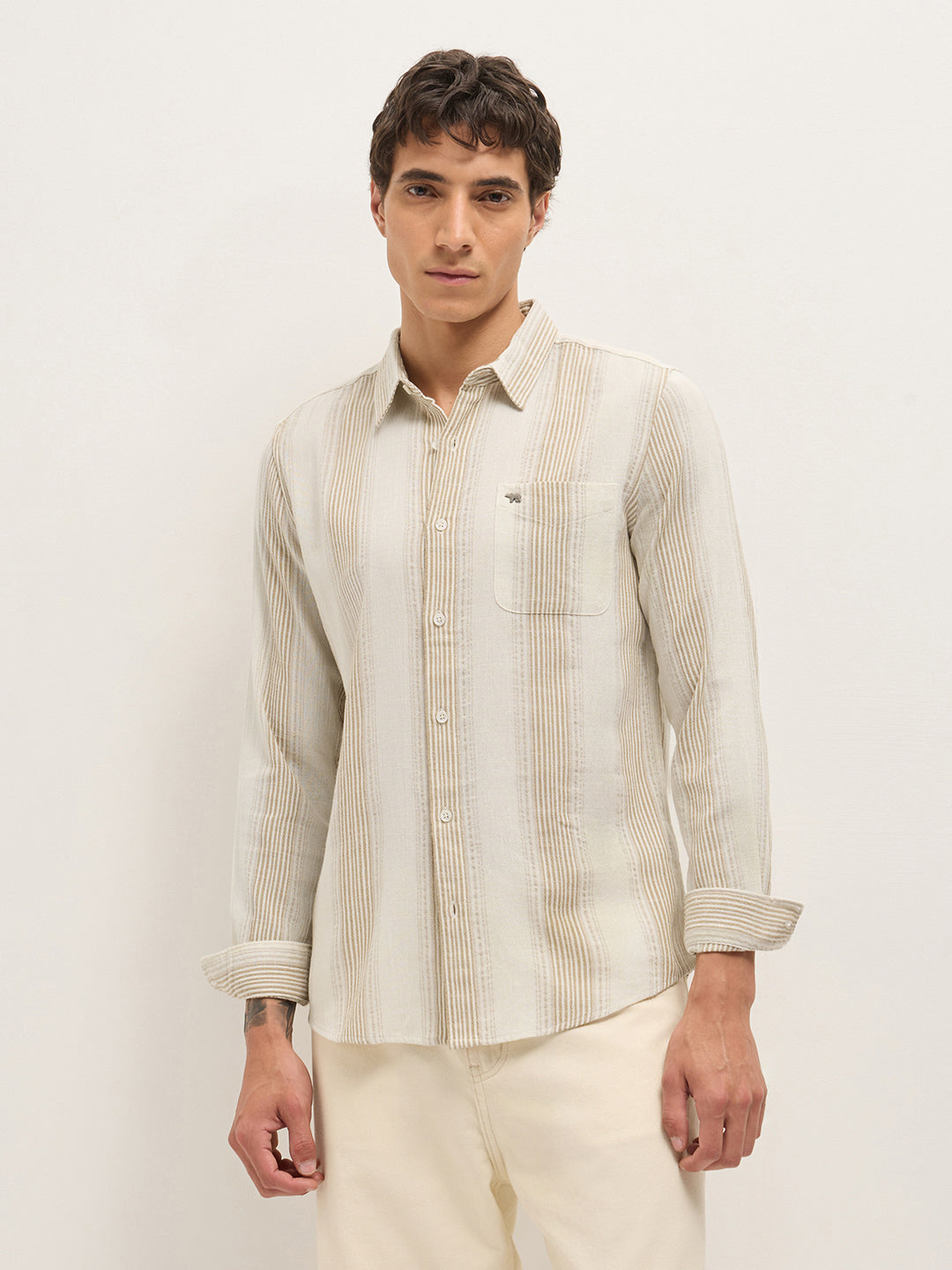 cream woven vertical stripes slim fit casual shirt cream woven vertical stripes slim fit casual shirt