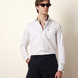 white textured woven tailored fit formal shirt with french cuffs
