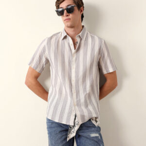 grey & cream vertical striped regular fit half sleeve shirt