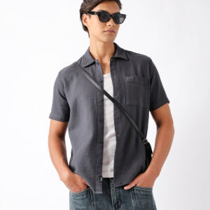 dark grey textured weave regular fit half sleeve casual shirt