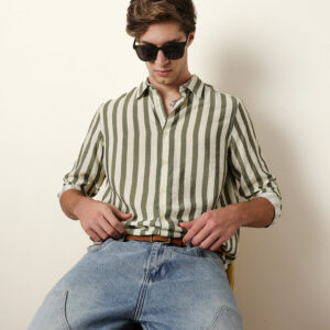 green & cream vertical stripe regular fit casual shirt
