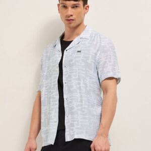 grey abstract brush stroke print relaxed fit cuban collar shirt
