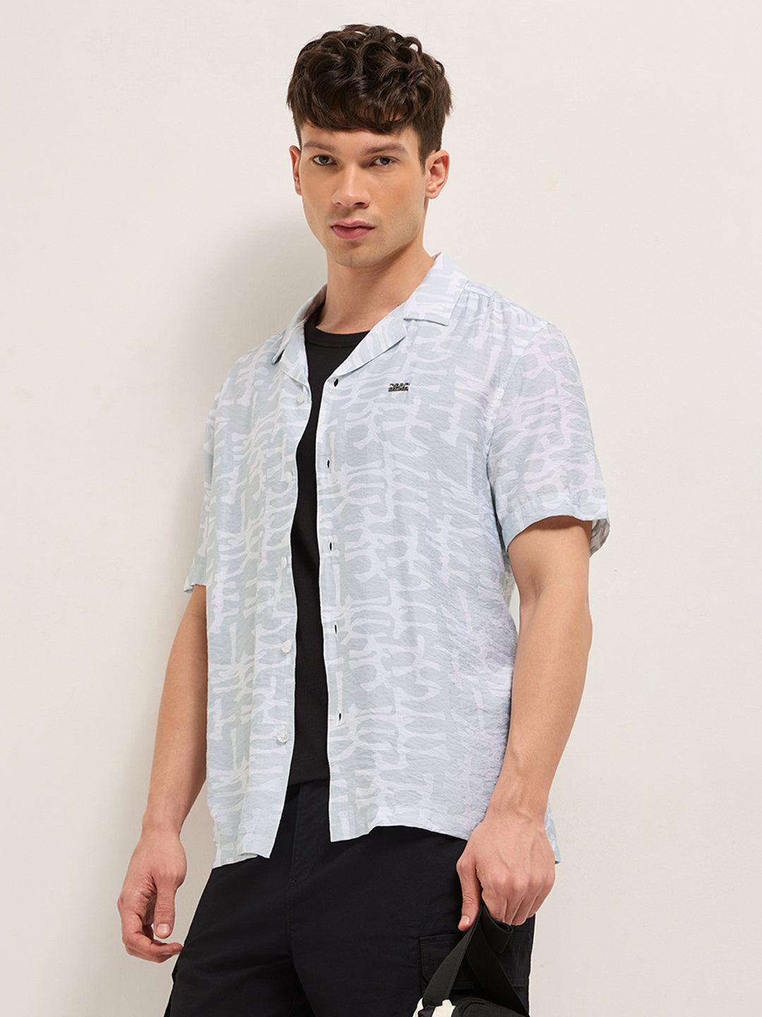 grey abstract brush stroke print relaxed fit cuban collar shirt grey abstract brush stroke print relaxed fit cuban collar shirt