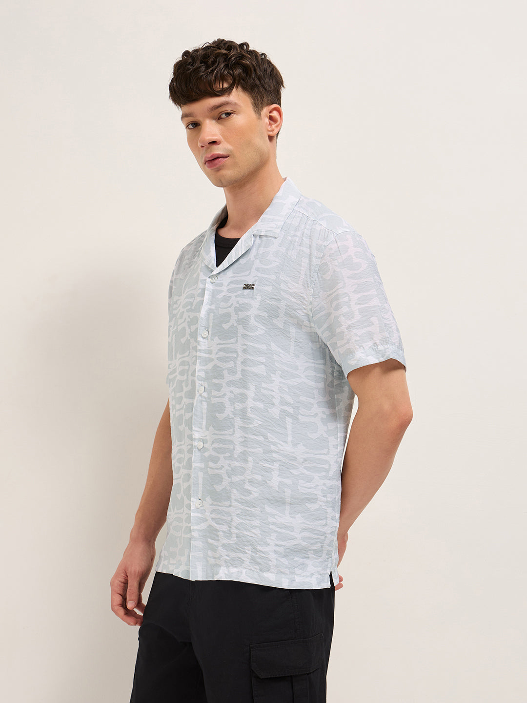grey abstract brush stroke print relaxed fit cuban collar shirt grey abstract brush stroke print relaxed fit cuban collar shirt