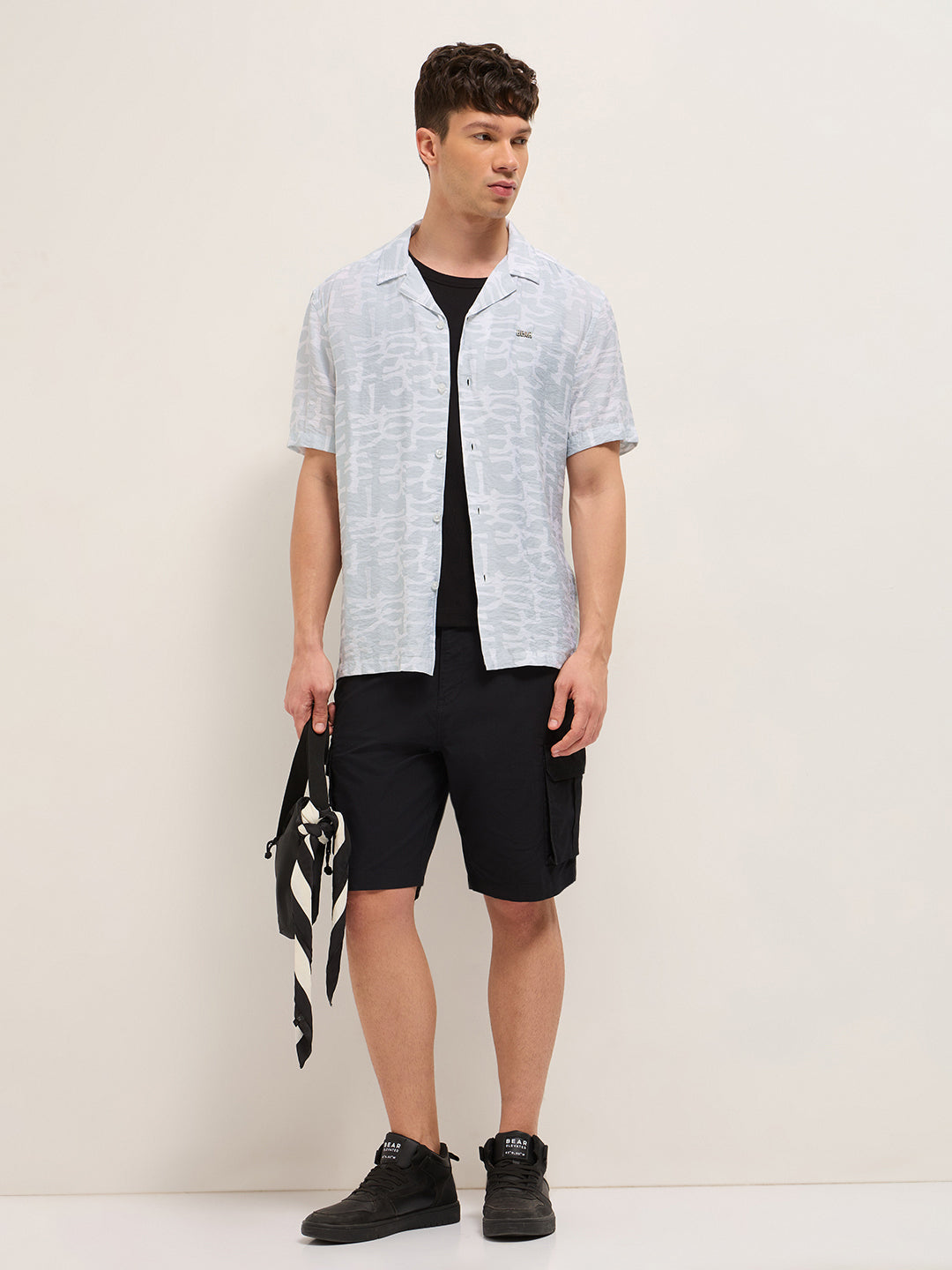 grey abstract brush stroke print relaxed fit cuban collar shirt grey abstract brush stroke print relaxed fit cuban collar shirt