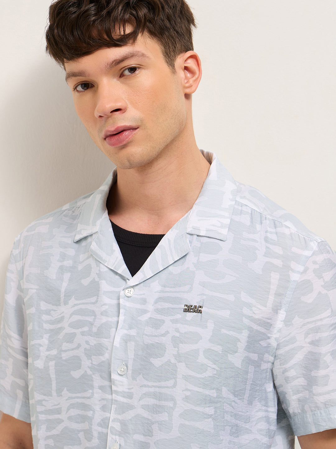 grey abstract brush stroke print relaxed fit cuban collar shirt grey abstract brush stroke print relaxed fit cuban collar shirt