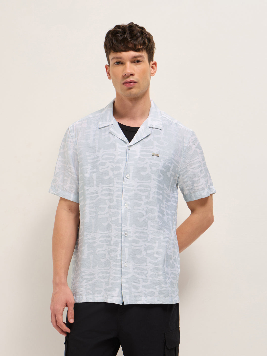 grey abstract brush stroke print relaxed fit cuban collar shirt grey abstract brush stroke print relaxed fit cuban collar shirt