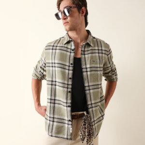 green regular fit checked flannel casual shirt