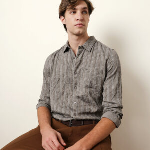 grey vertical seersucker pinstripe slim fit casual shirt