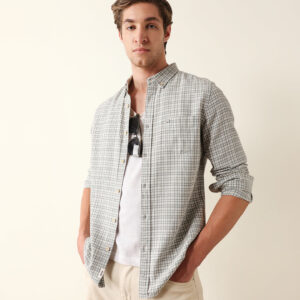 green woven micro check slim fit casual shirt