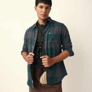 green with grey woven checks slim fit casual shirt