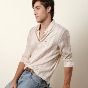 pink & cream seersucker vertical pinstripe slim fit casual shirt
