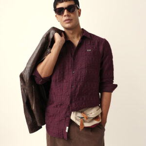 maroon textured woven self design slim fit casual shirt