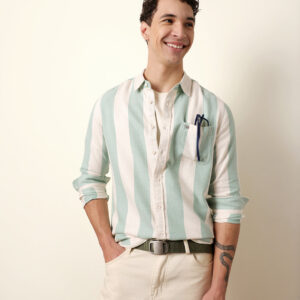 green & cream woven striped flannel regular fit casual shirt