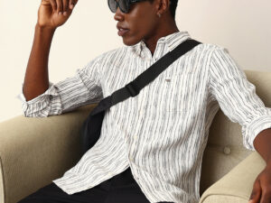 white slim fit casual shirt with woven vertical textured stripes